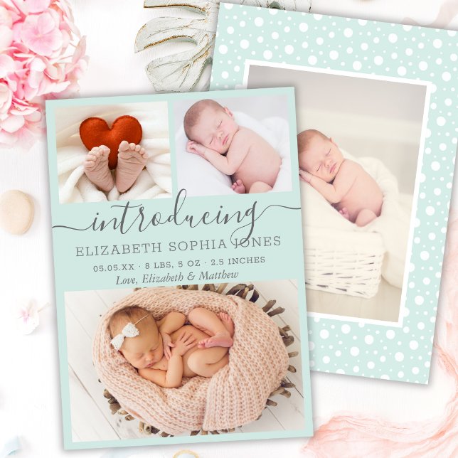 Cute Girl Birth Notice Aqua Photo Collage Meddelande (Skapare uppladdad)