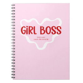 Cute Girl Boss Pink and Red Custom Name Year Anteckningsbok