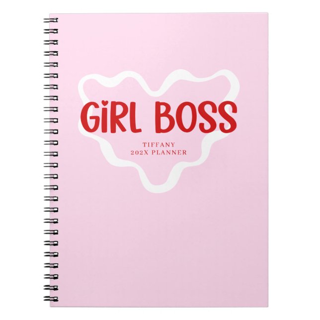 Cute Girl Boss Pink and Red Custom Name Year Anteckningsbok (Framsidan)