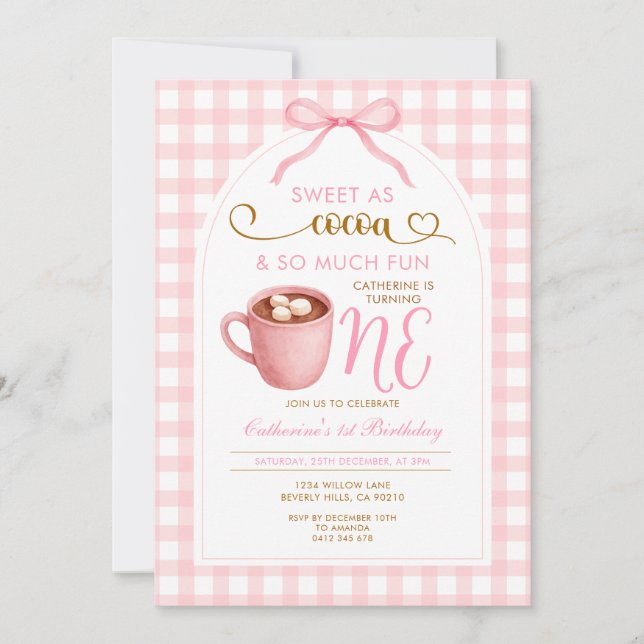 Cute Girl Bow Hot Cocoa 1st birthday Pink Gingham Inbjudningar (Framsida)