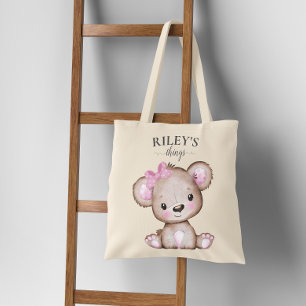 Cute Girl Brown Bear Monogrammed Baby Tote Bag Tygkasse