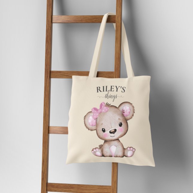 Cute Girl Brown Bear Monogrammed Baby Tote Bag Tygkasse (Skapare uppladdad)