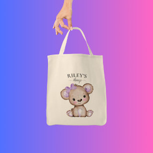 Cute Girl Brown Lila Bear Monogrammed Baby Tygkasse