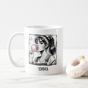 Cute Girl & Bubble,Tecknad Black & White,Roligt An Kaffemugg