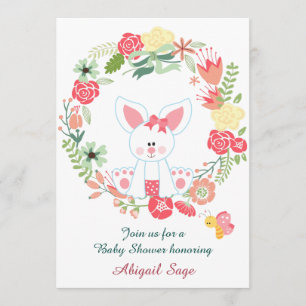 Cute Girl Bunny and Flower WandeBaby Shower Inbjudningar