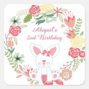 Cute Girl Bunny och Söt Flower Wandeand Birday Fyrkantigt Klistermärke