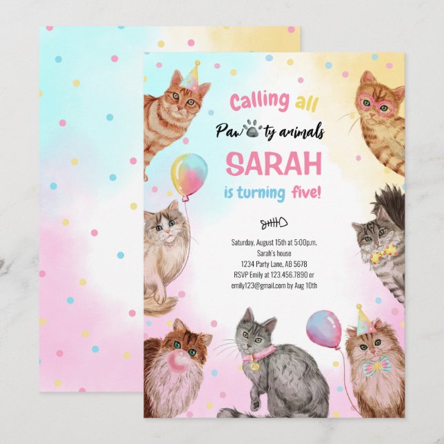 Cute Girl Cat Pawty Animals Birthag Inbjudningar (Fram/baksida)