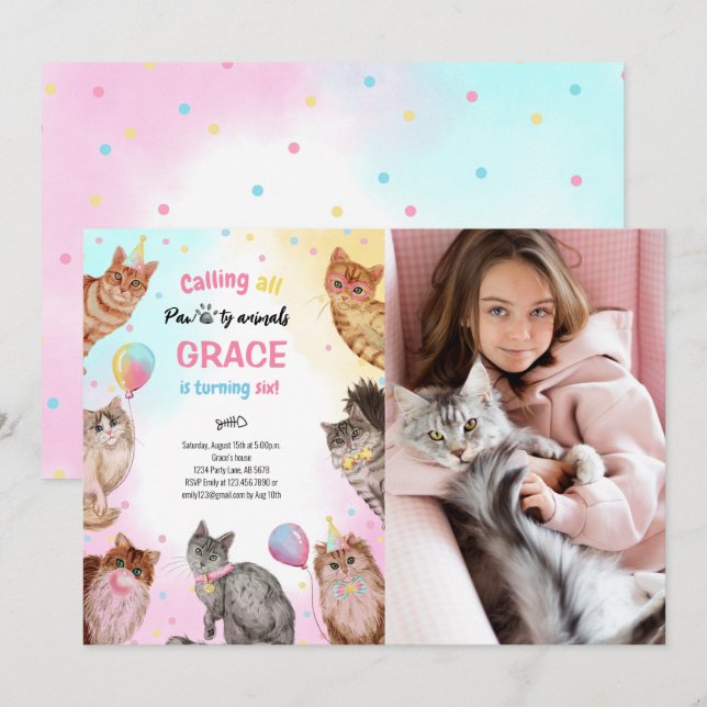 Cute Girl Cat Pawty Animals Birthday Photo Inbjudningar (Fram/baksida)