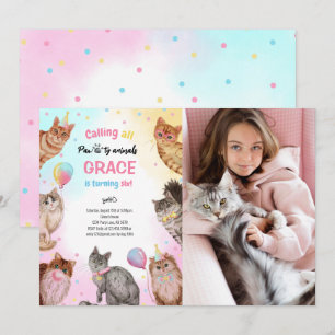 Cute Girl Cat Pawty Animals Birthday Photo Inbjudningar