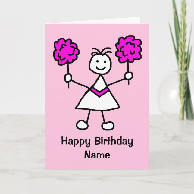 Cute Girl CheerLeader Rosa Birthday Card Kort (Framsida)
