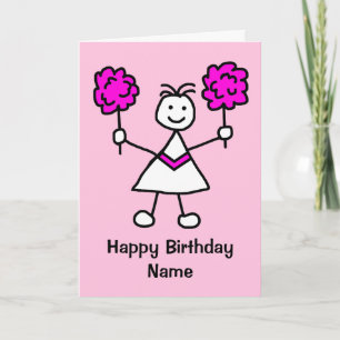 Cute Girl CheerLeader Rosa Birthday Card Kort