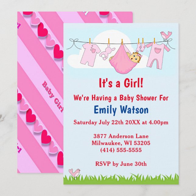 Cute Girl Clothesline Hearts Boho Baby Shower Inbjudningar (Fram/baksida)