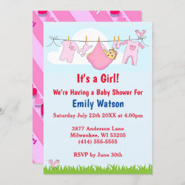 Cute Girl Clothesline Hearts Boho Baby Shower Inbjudningar