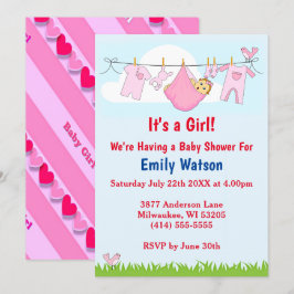 Cute Girl Clothesline Hearts Boho Baby Shower Inbjudningar