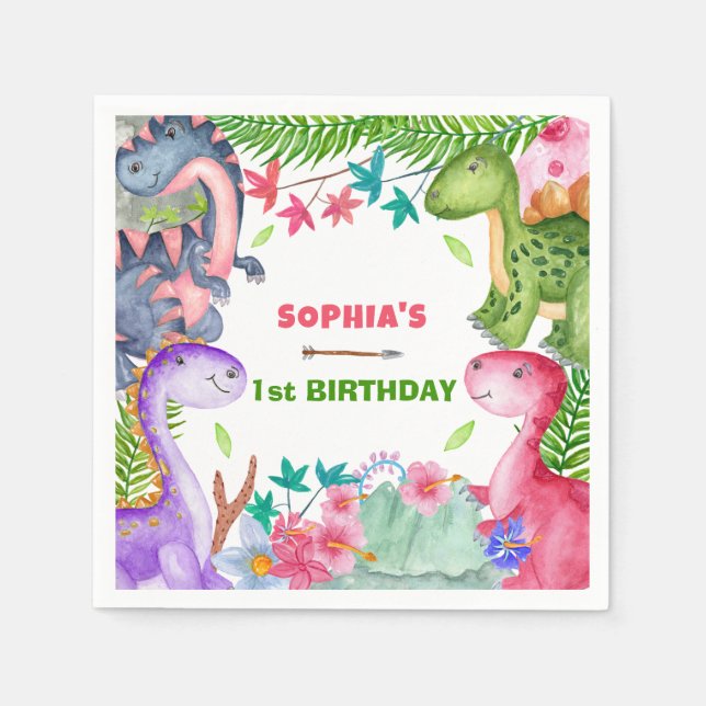Cute Girl Dinosaur 1st Birthday Party Pappersservett (Framsidan)