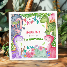 Cute Girl Dinosaur 1st Birthday Party Pappersservett