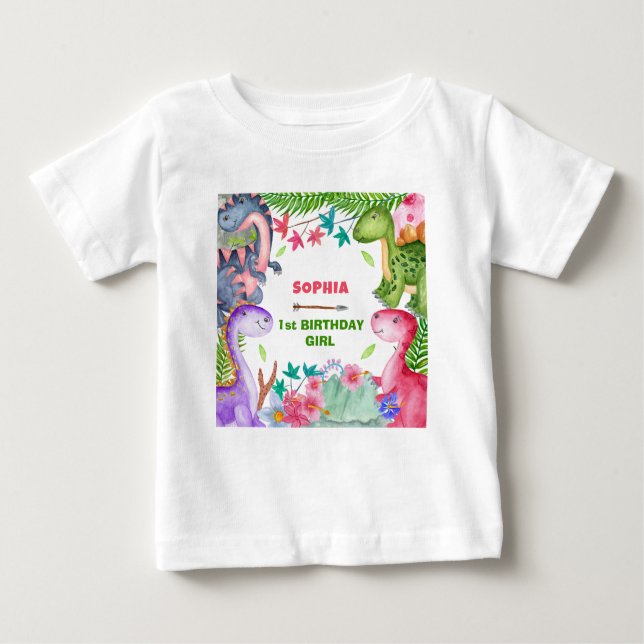 Cute Girl Dinosaur 1st Birthday Party T Shirt (Framsida)