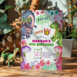 Cute Girl Dinosaur 4th Birthday Invitation Inbjudningar