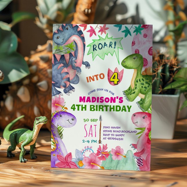Cute Girl Dinosaur 4th Birthday Invitation Inbjudningar (Skapare uppladdad)