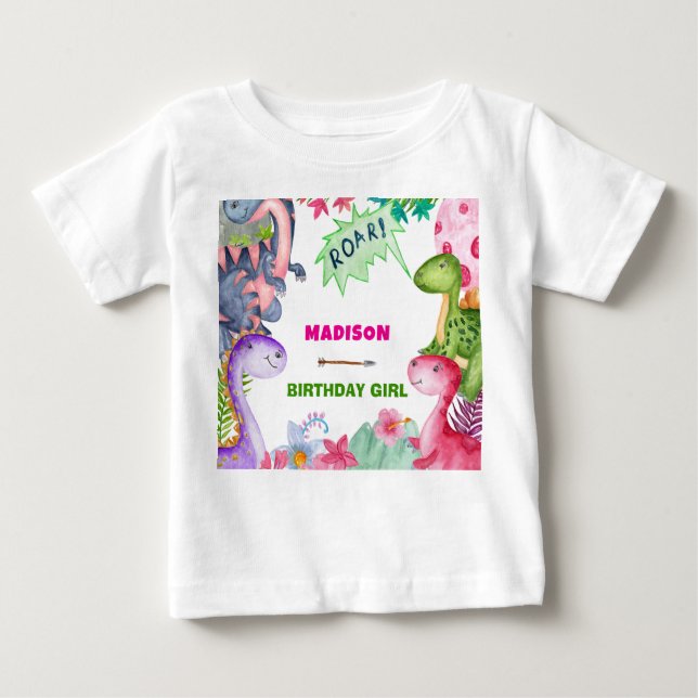 Cute Girl Dinosaur 4th Birthday Party T Shirt (Framsida)