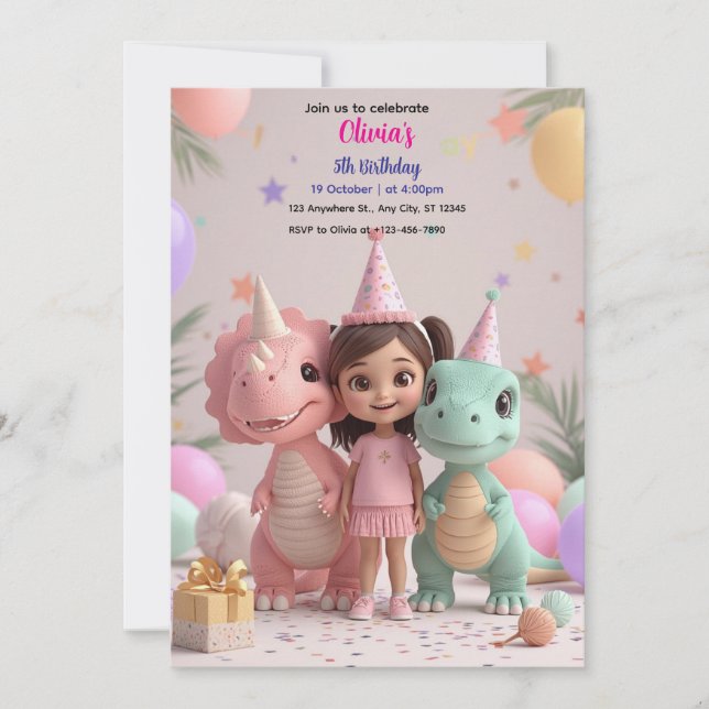 Cute Girl Dinosaur Birthday bjudande - Pastel Di Inbjudningar (Framsida)