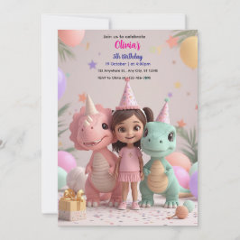 Cute Girl Dinosaur Birthday bjudande - Pastel Di Inbjudningar