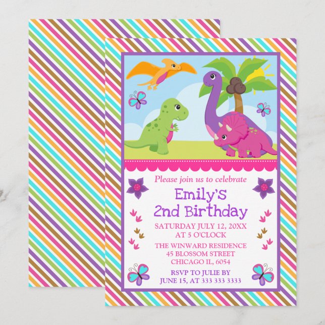 Cute Girl Dinosaur Friends Barns födelsedag Inbjudningar (Fram/baksida)