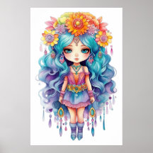 Cute Girl Doll med Gula blommor Poster