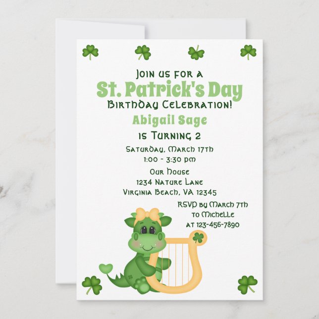 Cute Girl Dragon St. Patrick's Day Birthday Inbjudningar (Framsida)