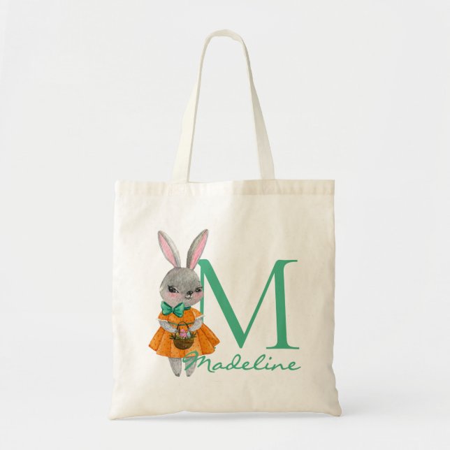 Cute Girl Easter Bunny Initial and Name Tote Bag Tygkasse (Framsidan)