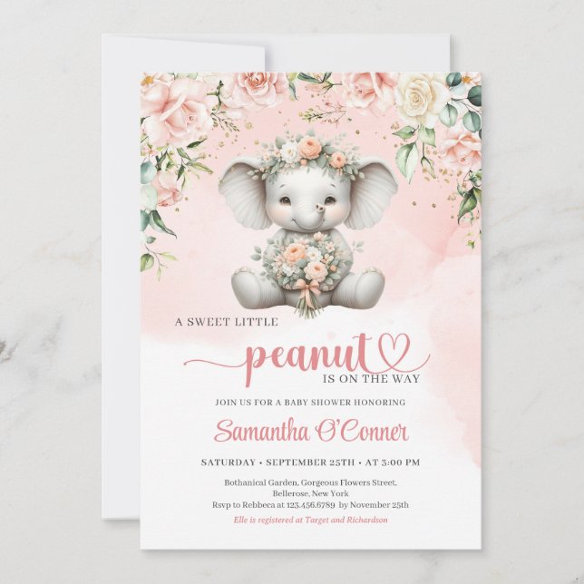 Cute Girl-elefant med  blommor bouquet Inbjudningar (Framsida)