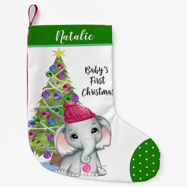 Cute Girl Elephant BABY FIRST CHRISTMAS Grönt Liten Julstrumpa (Framsidan)