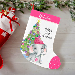 Cute Girl Elephant BABY FIRST CHRISTMAS Rosa Liten Julstrumpa