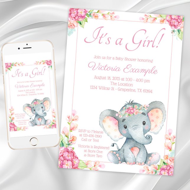 Cute Girl Elephant Baby Shower Inbjudningar (Cute Girl Elephant Baby Shower Invitation. Instant download and printed invitations available.)