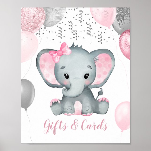 Cute Girl Elephant Balloons Baby Shower-gåvor Poster (Framsidan)