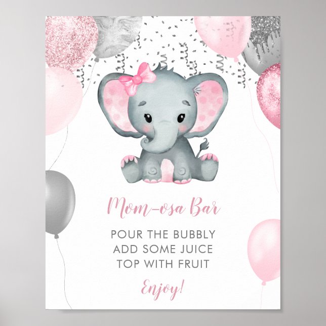 Cute Girl Elephant Balloons Baby Shower Momosa Poster (Framsidan)