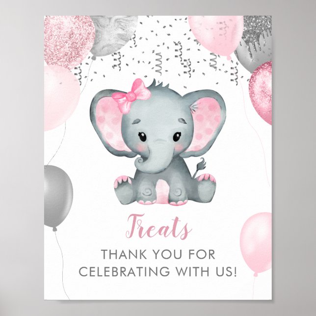 Cute Girl Elephant Balloons Baby Shower Trets Poster (Framsidan)