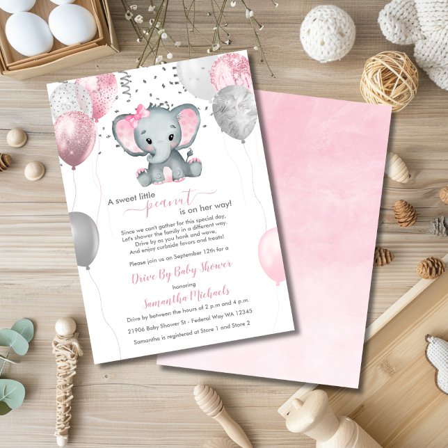 Cute Girl Elephant Balloons Drive by Baby Shower Inbjudningar (Cute Girl Elephant Balloons Drive By Baby Shower Invitation)