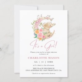 Cute Girl Elephant Blommigt Måne Baby Shower Inbjudningar