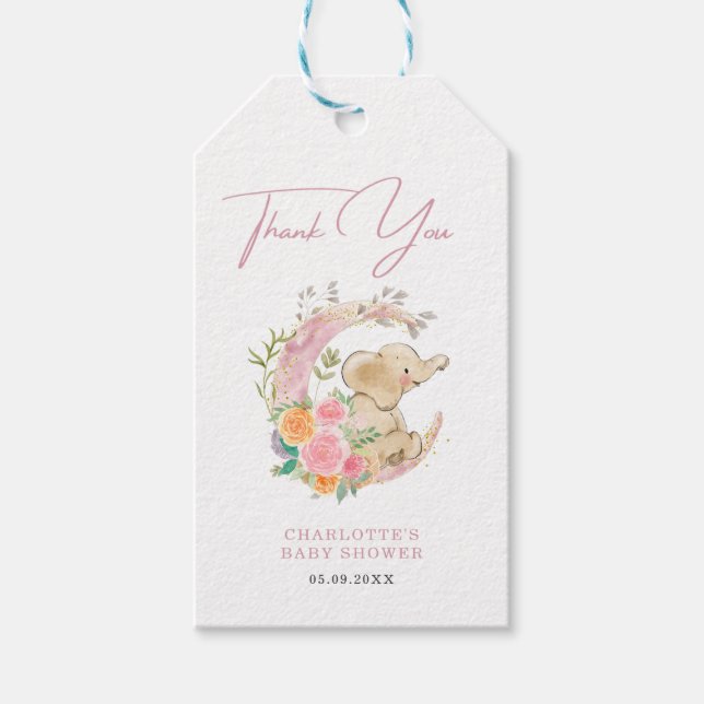 Cute Girl Elephant Blommigt Måne Baby Shower Presentetikett (Framsidan)