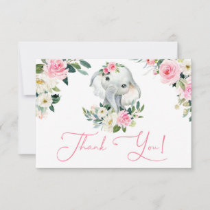 Cute girl elephant bright rosa blommigt babydusch tack kort