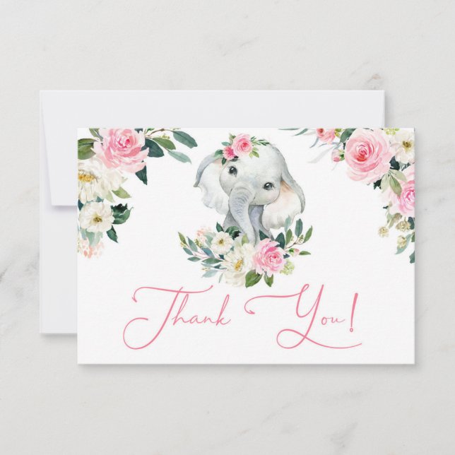 Cute girl elephant bright rosa blommigt babydusch tack kort (Framsida)