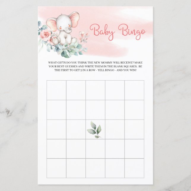 Cute Girl elephant eucalyptus greenery baby bingo (Framsida)