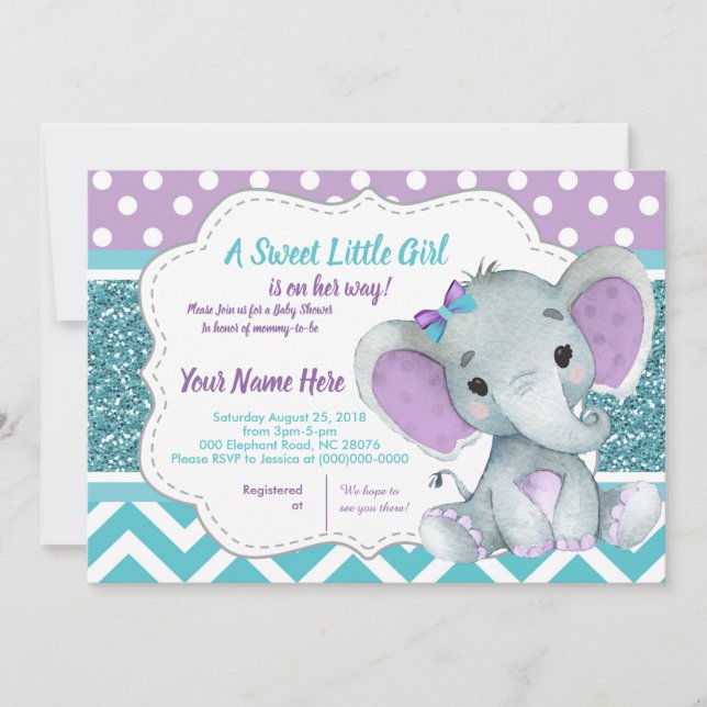 Cute Girl Elephant-inbjudan till babystövel Teal Inbjudningar (Framsida)