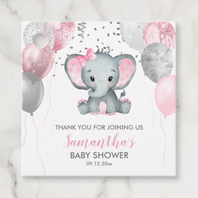 Cute Girl Elephant Rosa Balloons Baby Shower Gåvor Etiketter (Framsida)