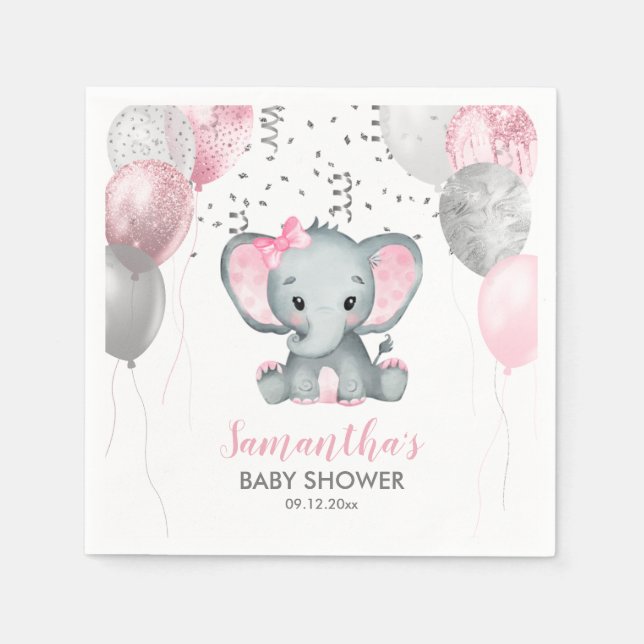 Cute Girl Elephant Rosa Balloons Baby Shower Pappersservett (Framsidan)