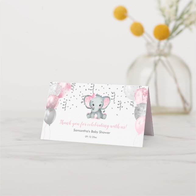 Cute Girl Elephant Rosa Balloons Baby Shower Placeringskort (Framsida)