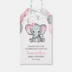 Cute Girl Elephant Rosa Balloons Baby Shower Presentetikett