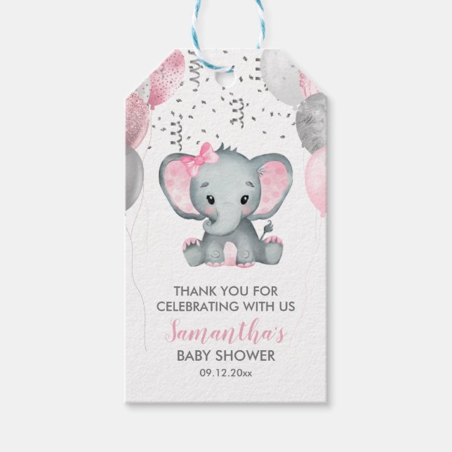 Cute Girl Elephant Rosa Balloons Baby Shower Presentetikett (Framsidan)