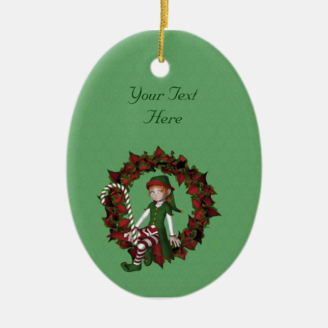 Cute Girl Elf Poinsettia Helgdag Julgransprydnad Keramik (Framsidan)